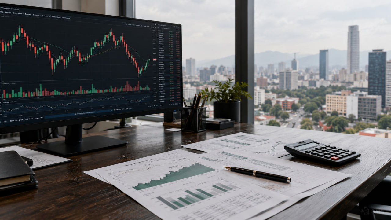 Computadora con un gráfico ilustrativo de cotizaciones y documentos de análisis financiero